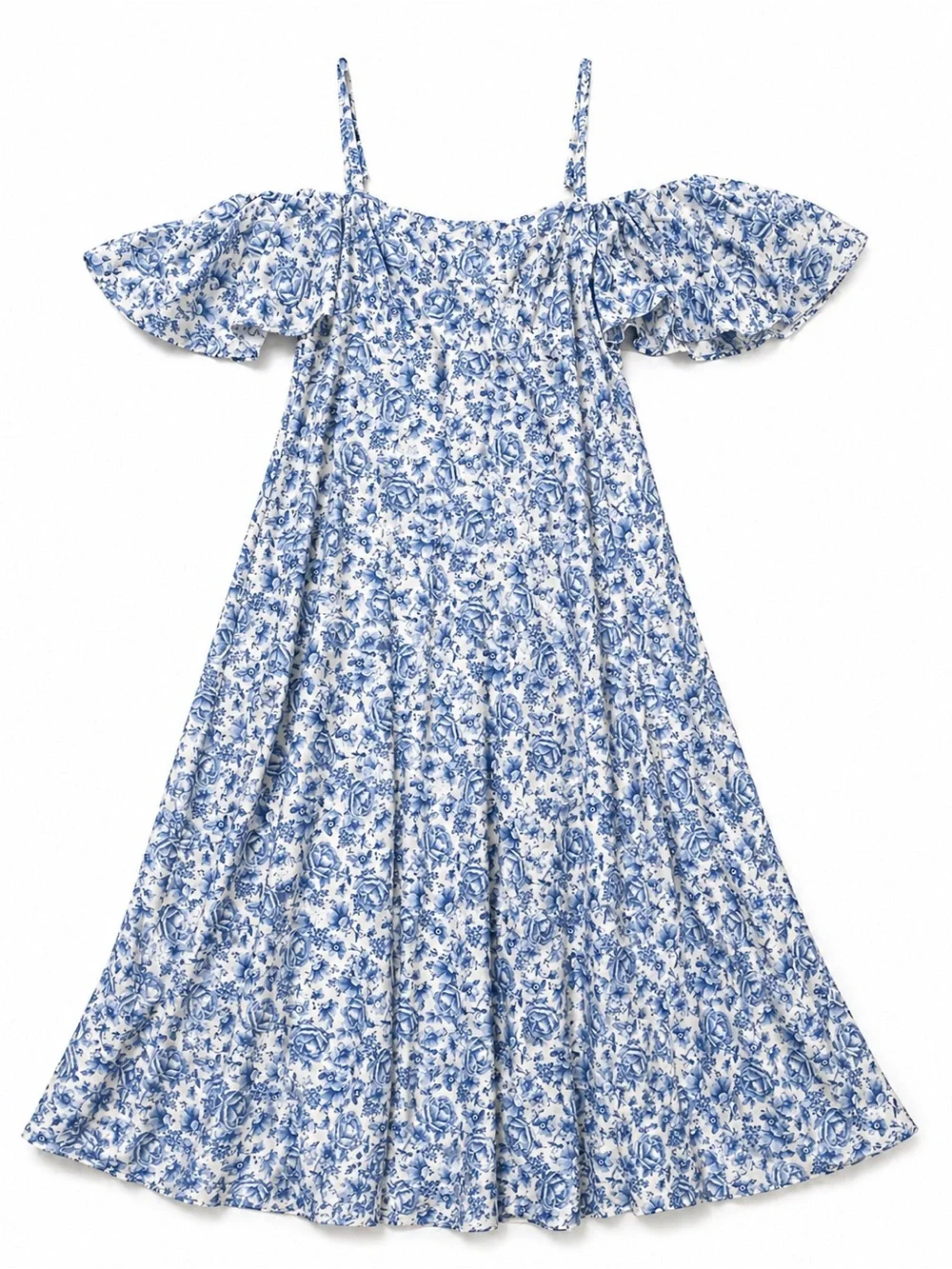 AQUA Boho Collection Blue Floral Off-Shoulder Maxi Cotton Dress - Picture 3 of 13